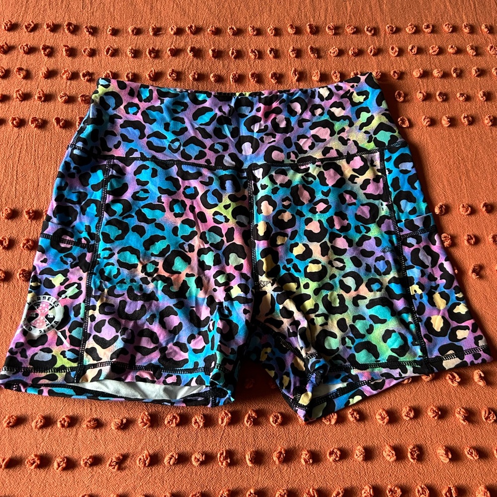 Womens’s high rise 4” inseam shorts Barbells and Pizza